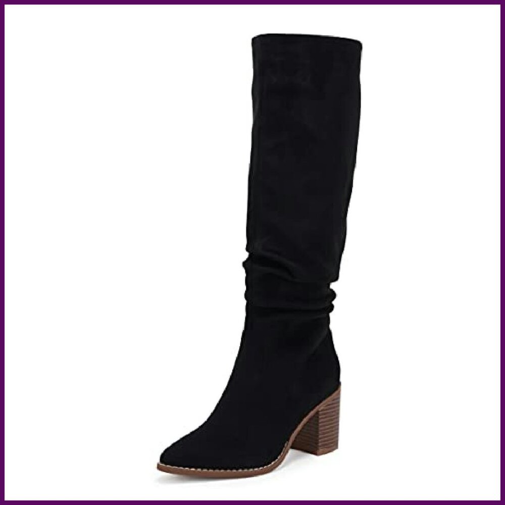 Women's Pointed Toe Knee High Boots Chunky Heel Side Zipper Faux Suede - Picture 2 of 8